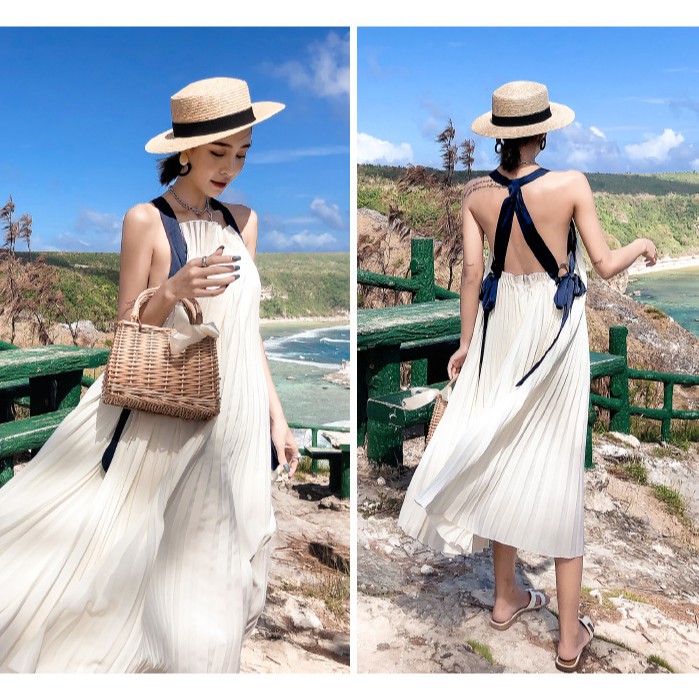 Váy Maxi Trắng Xếp Ly Hở Vai Có Sẵn