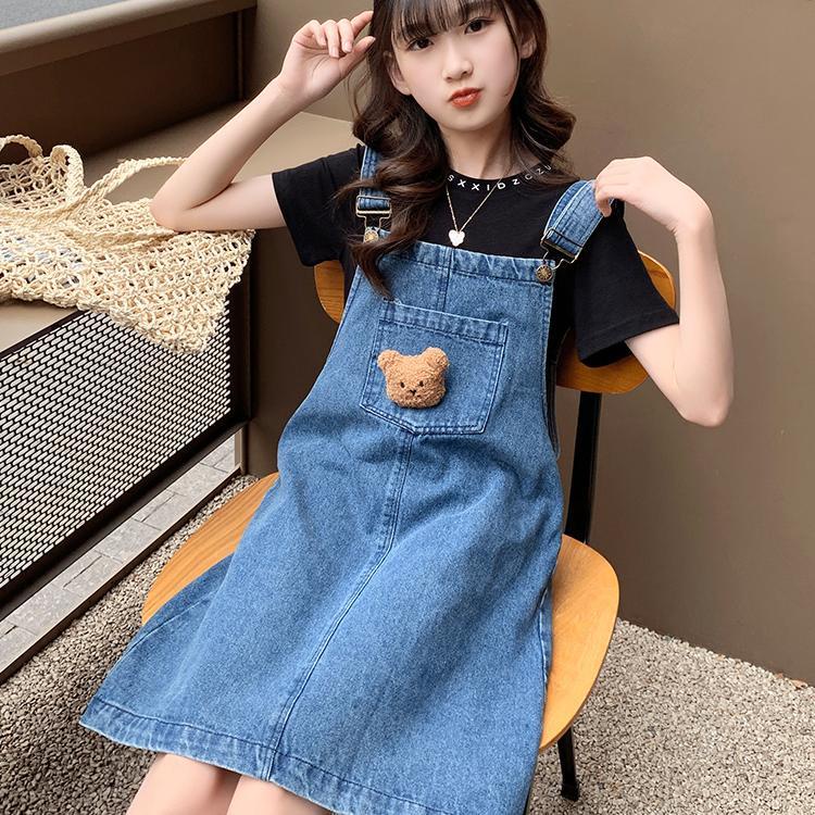 Set Áo Thun Ngắn Tay + Đầm Yếm Jeans Thời Trang Cho Bé Gái