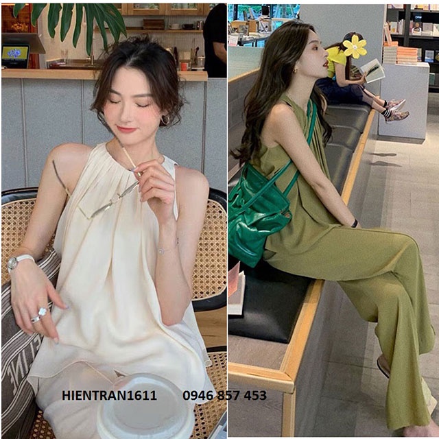 Set đồ nữ dạo phố mặc nhà cổ yếm xếp li quần suông ba màu be rêu cốm (Thời trang công sở VIP) (Cam kết hàn