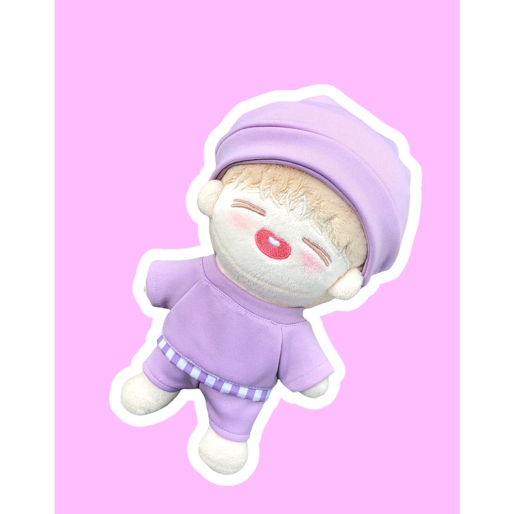 Áo thun tím viền caro và quần cho doll 15cm 20cm