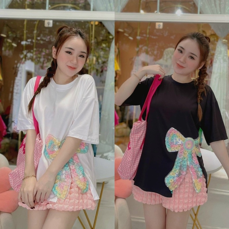 Set Bộ Áo Phông Gấu Xẻ Gắn Nơ Xốp Kèm Short Xốp