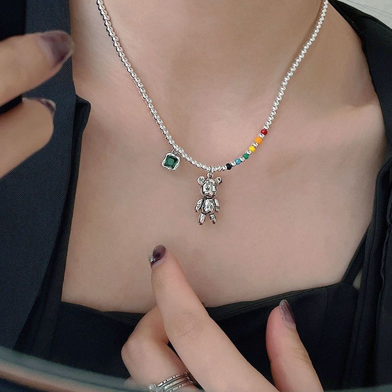 Dây Chuyền Bạc Sterling Mặt Tròn Hình Gấu Đính Hạt Màu Cầu Vồng Thời Trang Mùa Hè Sang Trọng Dễ Phối Đồ Cho Nữ