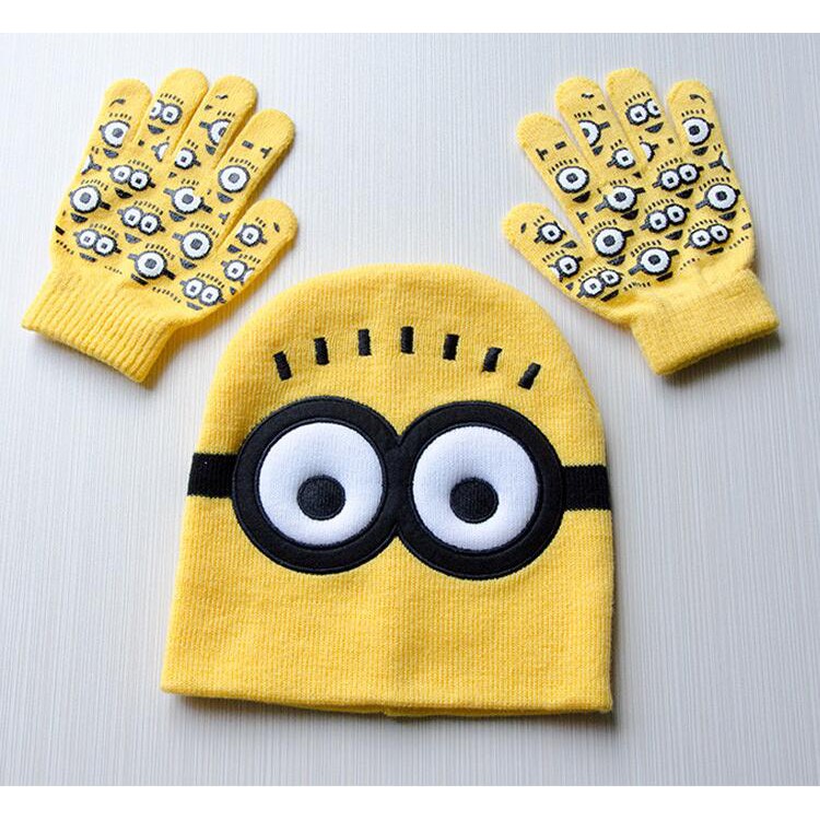 Set Mũ Len Beanie Và Găng Tay Hình Minion Hoạt Hình Cho Bé
