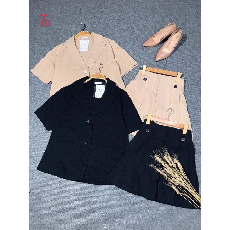Sét bộ áo vest nữ blazer ngắn tay - Áo Vest Blazer cộc tay form dài giấu quần sang chảnh , kiểu dáng Hàn Quốc