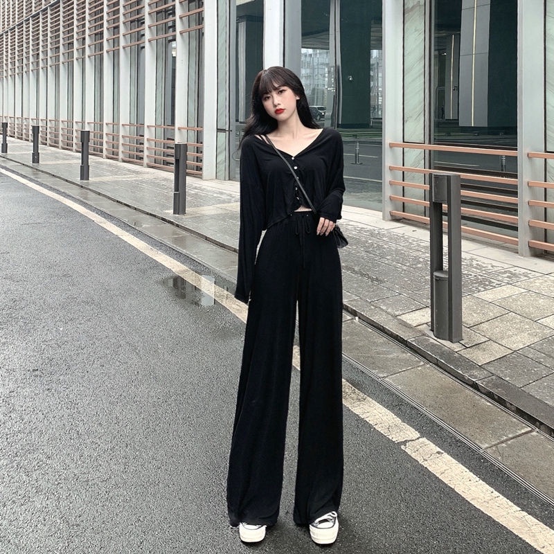 Set Áo Khoác Cardigan Tay Dài Dáng Rộng + Quần ống rộng Lưng Cao + Áo Khoác Thời Trang Năm Mới Cho Nữ