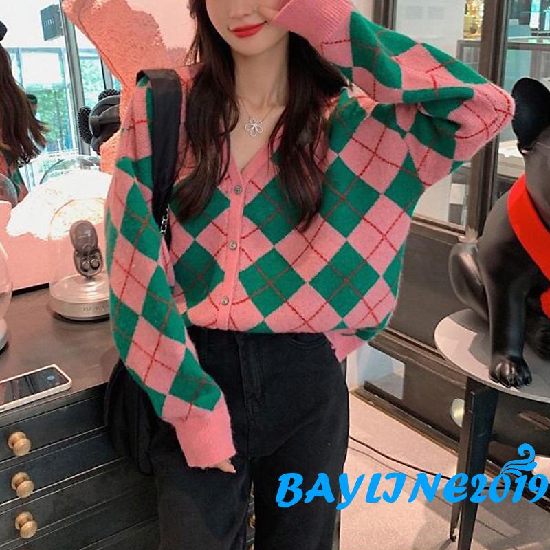 Áo khoác len nữ dài tay cổ chữ v màu sắc tương phản