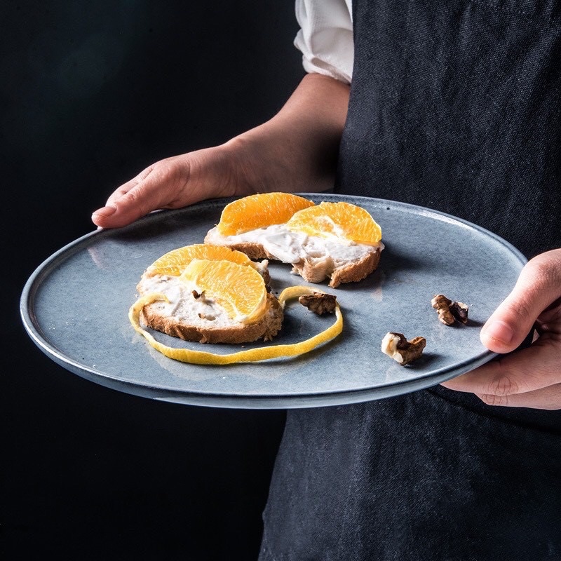 Đĩa tròn phẳng, Đĩa Ghi xám Bambi Blue phong cách Bắc Âu, đĩa sứ nhà hàng