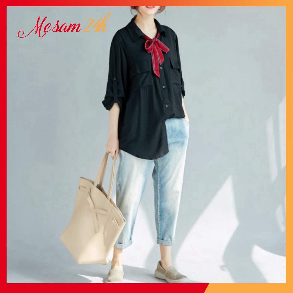 Áo sơ mi nữ dài tay form rộng, sơ mi đũi Mẹ Sam 24h, chất liệu mềm mát, size từ 40 đến 85kg SMH.47