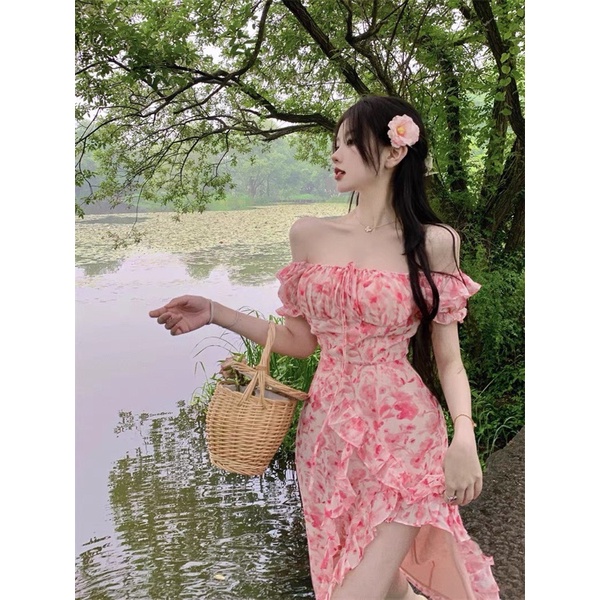 ĐẦM HOA BÈO MIDI XẺ ĐÙI XÉO HỒNG