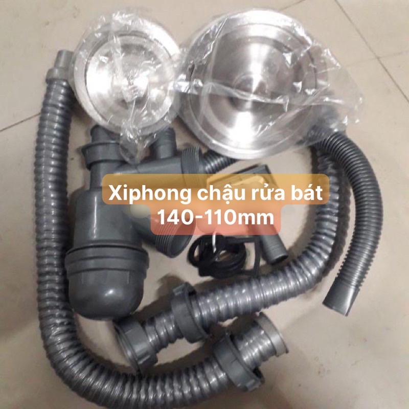 Bộ xiphong thoát chậu rửa bát inox 2 hố lệch 140 - 110mm