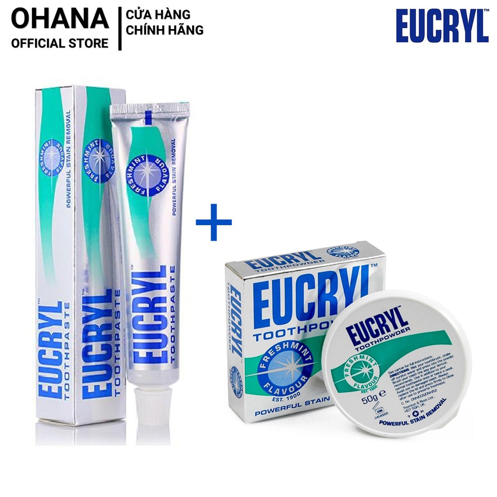 Combo Bột Tẩy Trắng Răng 50g + Kem Đánh Răng Làm Trắng Răng Hương Bạc Hà EUCRYL Tooth Paste Freshmint 62g