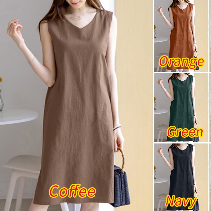 Đầm midi Zanzea không tay cổ chữ V màu trơn phong cách vintage thời trang Hàn Quốc dành cho nữ