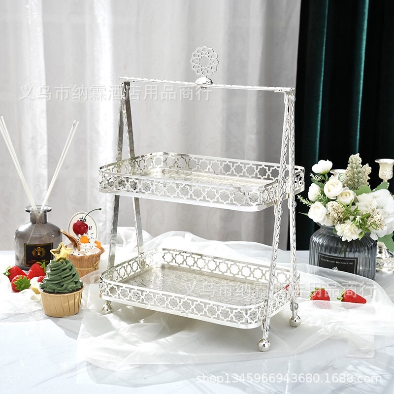 Khay bánh mứt kẹo mạ kim 2 tầng V88 sang trọng , Khay đựng bánh 2 tầng , Khay hoa quả 2 tầng trang trí Huydecor