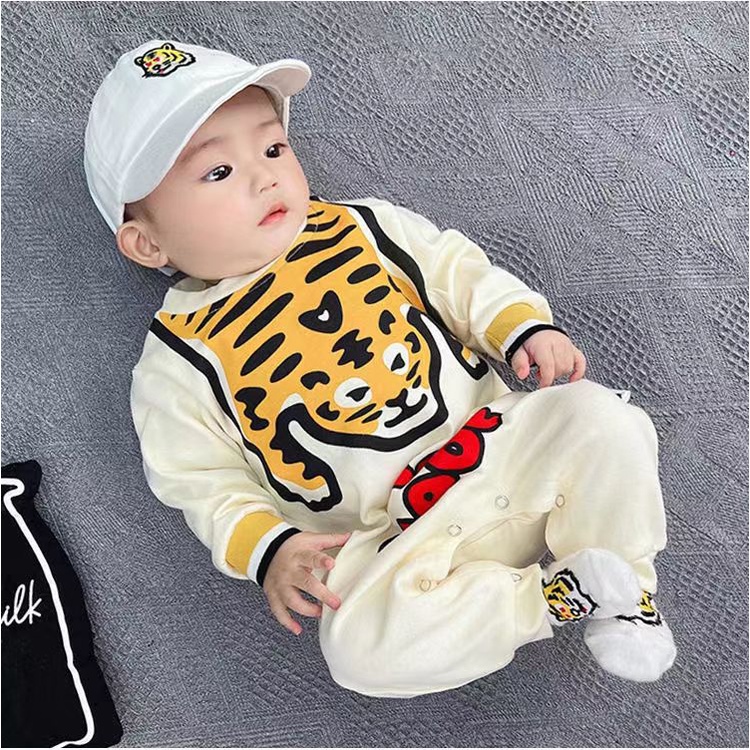 Áo Liền Quần Tay Dài Cổ Tròn In Hình Hổ Hoạt Hình Đáng Yêu Thời Trang Mùa Thu Cho Bé 0-18 Tháng
