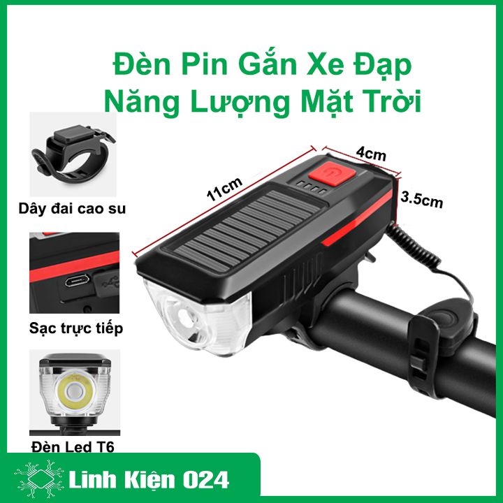 Đèn LED xe đạp 3 chế độ sạc năng lượng mặt trời, chống thấm nước có đèn báo nguồn điện