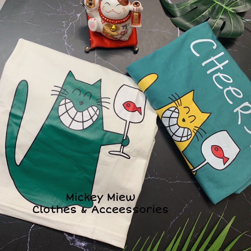 Áo PULL FREESIZE nam nữ hình Mèo Cheers! cười vui vẻ (xanh+trắng)