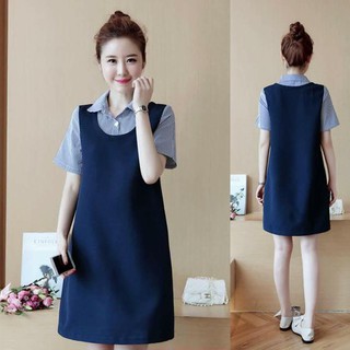 Đầm bầu Váy Bầu Xanh Than Phối Kẻ Cổ Đức Cộc Tay ( kèm ảnh thật )