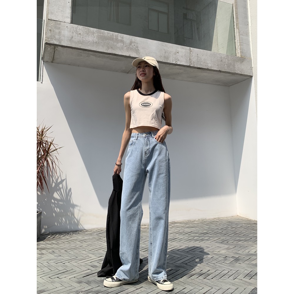 Quần Jean Nữ Dáng Suông Baggy Cạp Lưng Cao Trơn Chất Bò Dày Dặn Màu Xanh Trơn Ulzzang