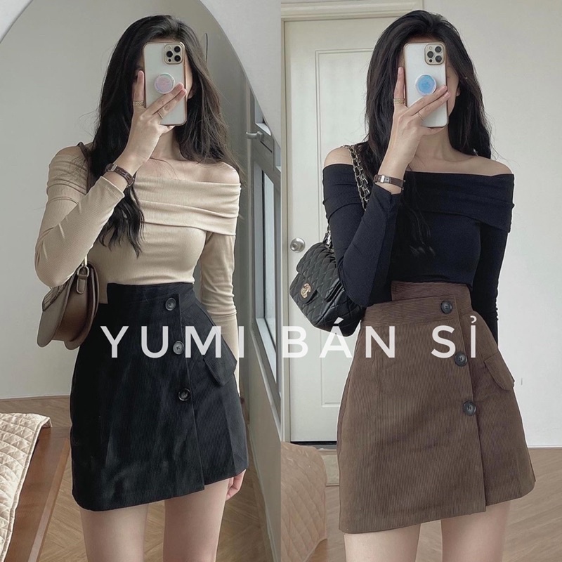 Áo Trễ Vai Tay Dài Len Tăm Co Giãn YUMI BÁN SỈ [ Ảnh thật ở cuối ]