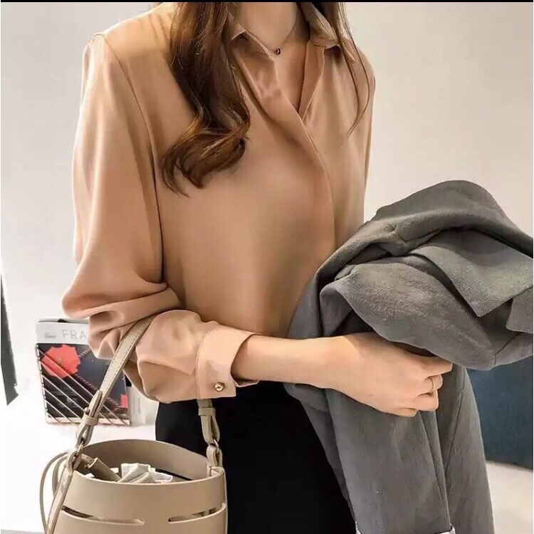 ÁO SƠ MI NỮ TAY DÀI CỔ ĐỨNG KHUY ẨN CAO CẤP MÀU NÂU NHẠT (Có ảnh cận chất)