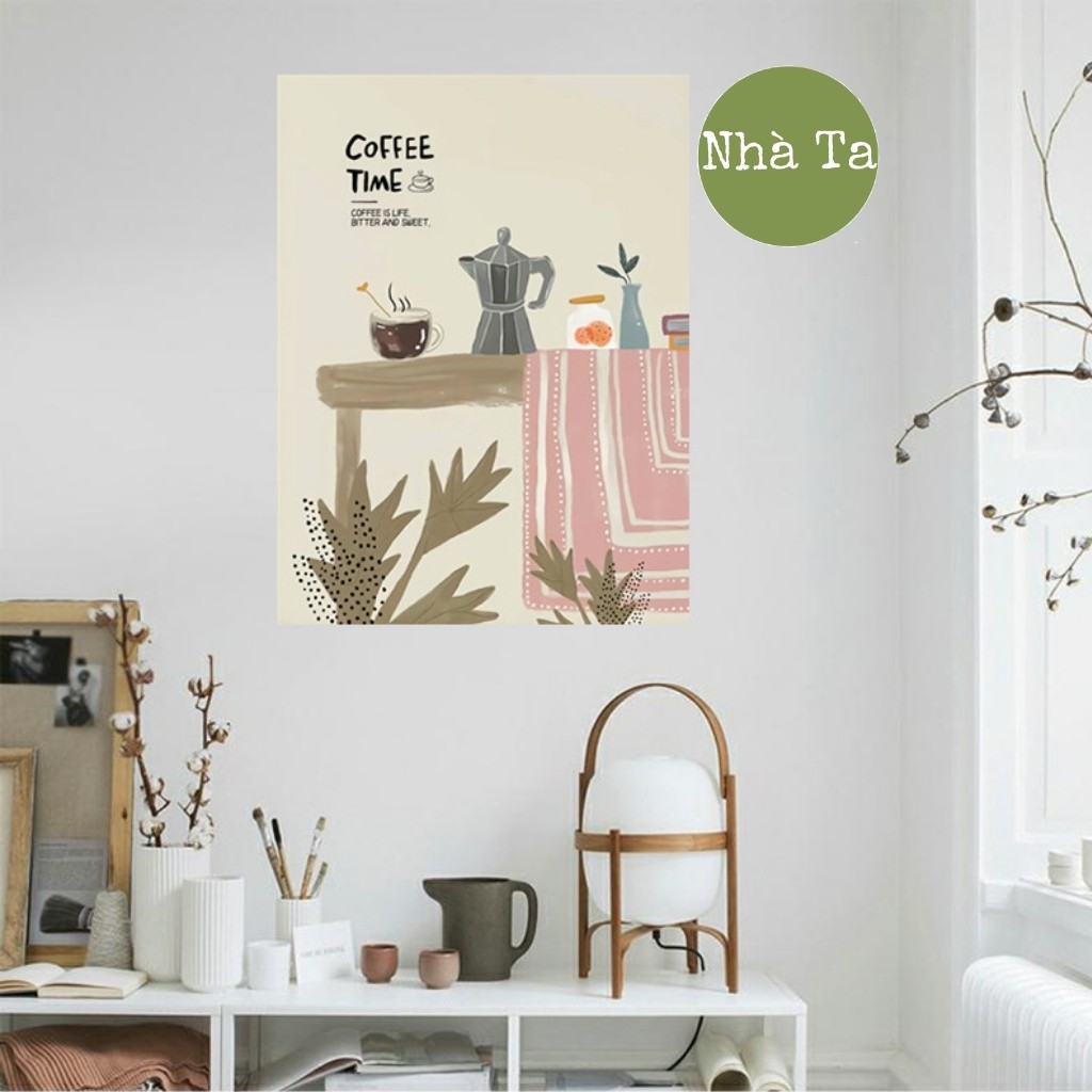 Tranh vải treo tường Coffee Time trang trí phòng ngủ decor vintage (kèm sticker dán)