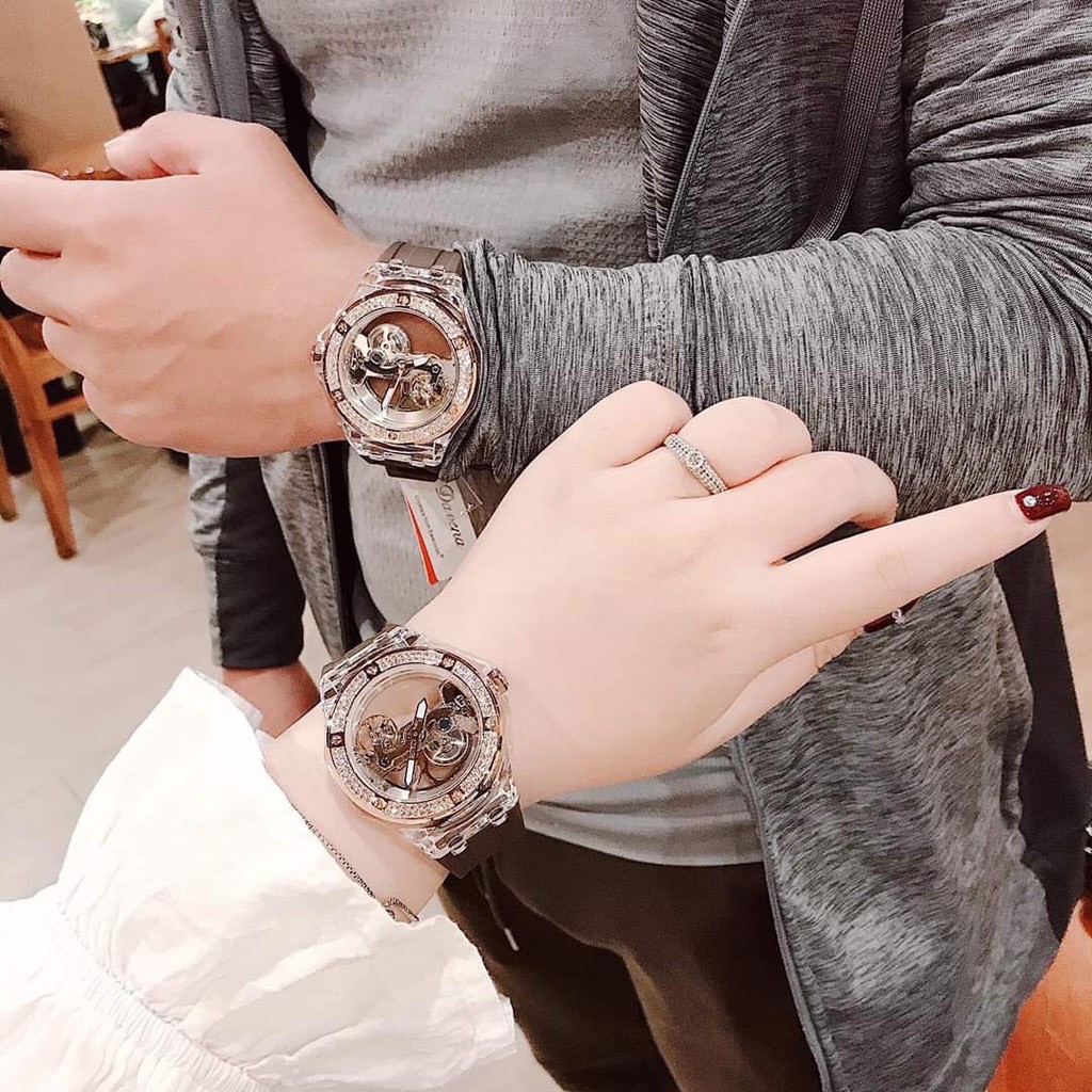 Đồng Hồ Davena Nam Automatic D31592 Mặt Lộ Máy Trong Suốt Dây Silicon Nâu 42mm Rose Gold Chính Hãng