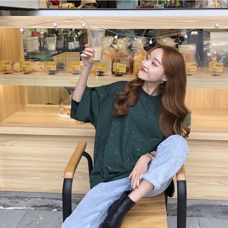 Áo Thun Tay Ngắn Dáng Rộng Màu Trơn Phong Cách Hàn Quốc Cho Nữ