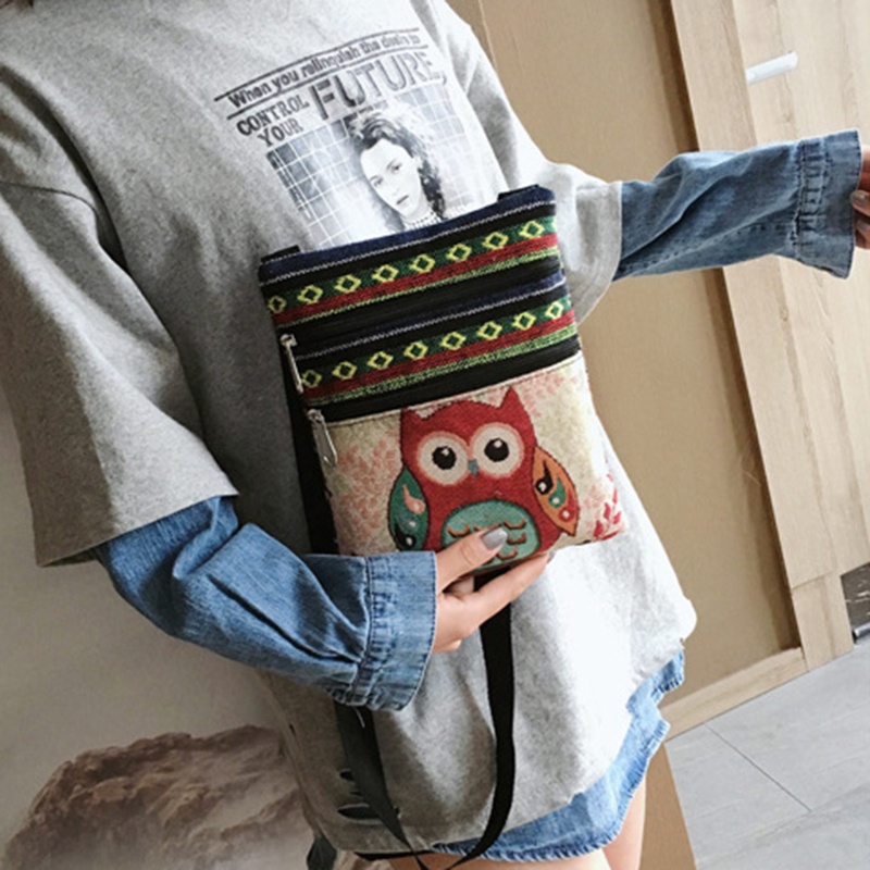 Túi Đeo Chéo Vải Canvas In Họa Tiết Chim Cú Phong Cách Bohemian Cổ Điển Thời Trang Cho Nữ