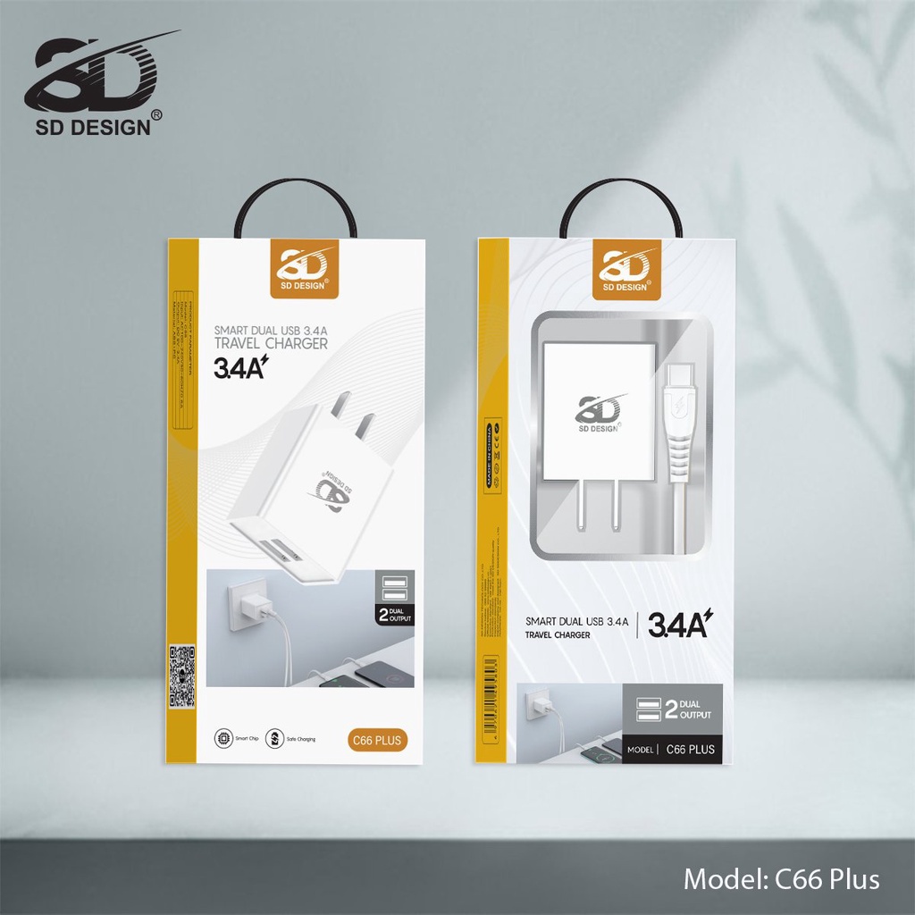 Củ Sạc Nhanh 3.4A C66 Plus 2 Cổng sạc Usb chính hãng SD DESIGN hỗ trợ sạc cho phone, Samsung, Xiaomi, Pin Dự Phòng