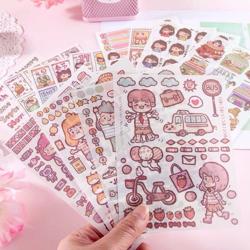 Bộ 4 Tấm Sticker Trong Suốt Họa Tiết Hoạt Hình Nhật Bản Đáng Yêu