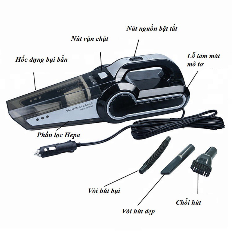 Máy Hút Bụi Ô Tô Cầm Tay Đa Năng 4 Trong 1 - Hút Bụi, Bơm Lốp Xe, Đo Áp Suất Lốp, Chiếu Sáng