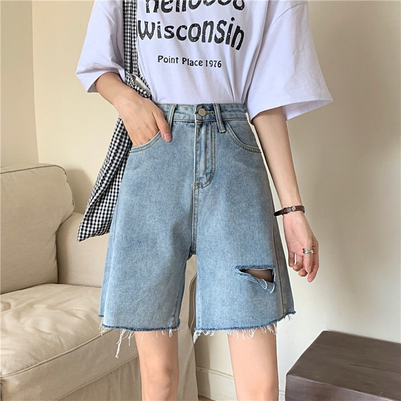 AMOI Quần Short Denim Lưng Cao Ống Rộng Phối Rách Thời Trang Hàn Quốc Cho Nữ