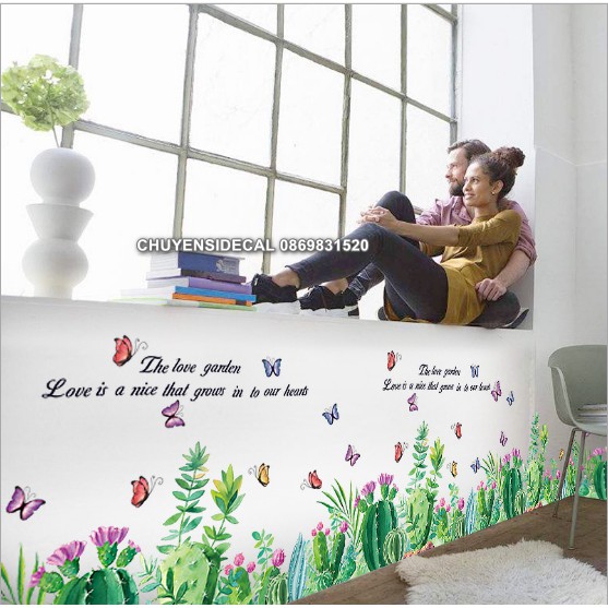 Decal dán tường - Chân tường Lá Cỏ bướm hoa kèm chữ mới