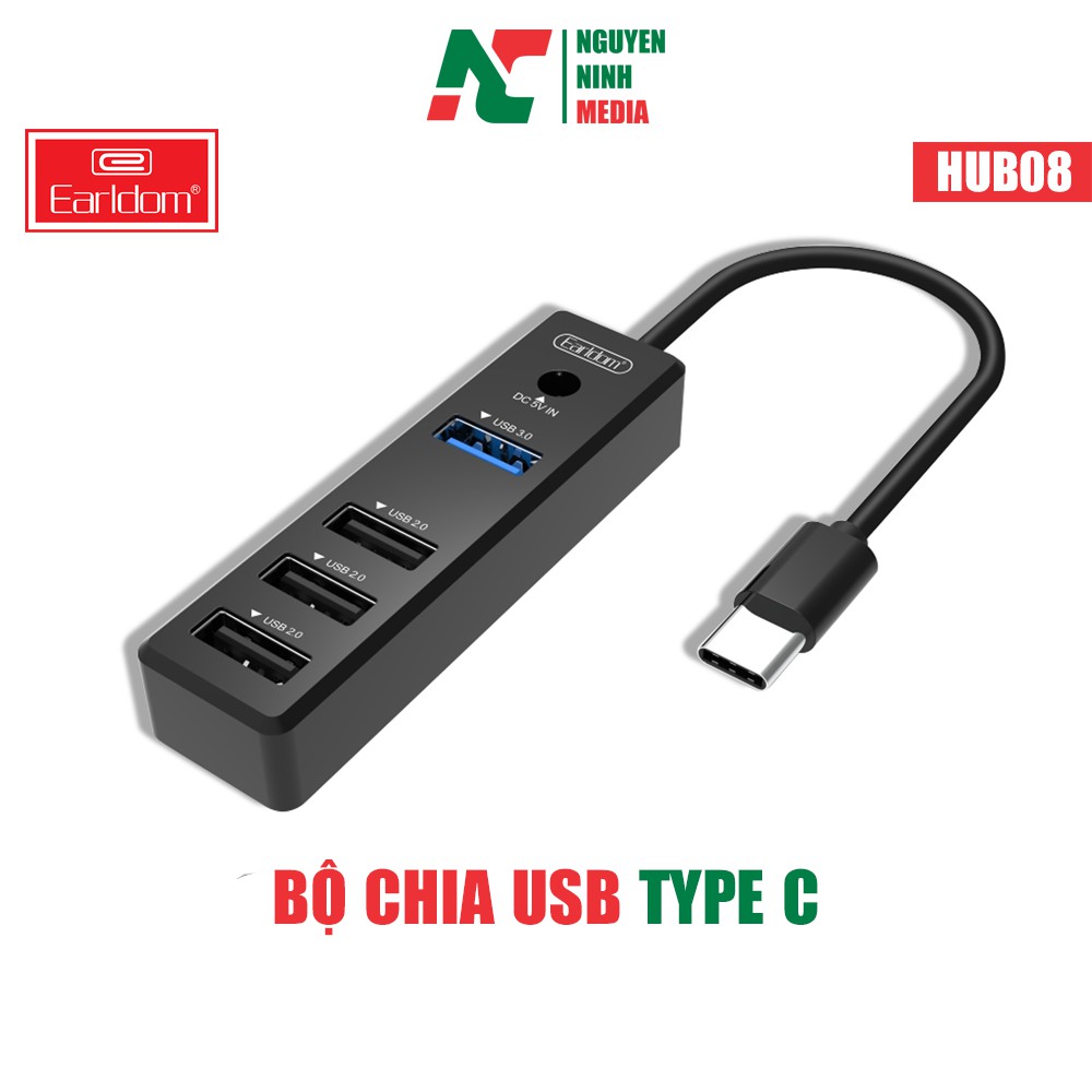 Hub Chuyển USB Type C ra 1 cổng USB 3.0 + 3 Cổng USB 2.0 + 5V DC Earldom HUB 08 - Hàng Chính Hãng