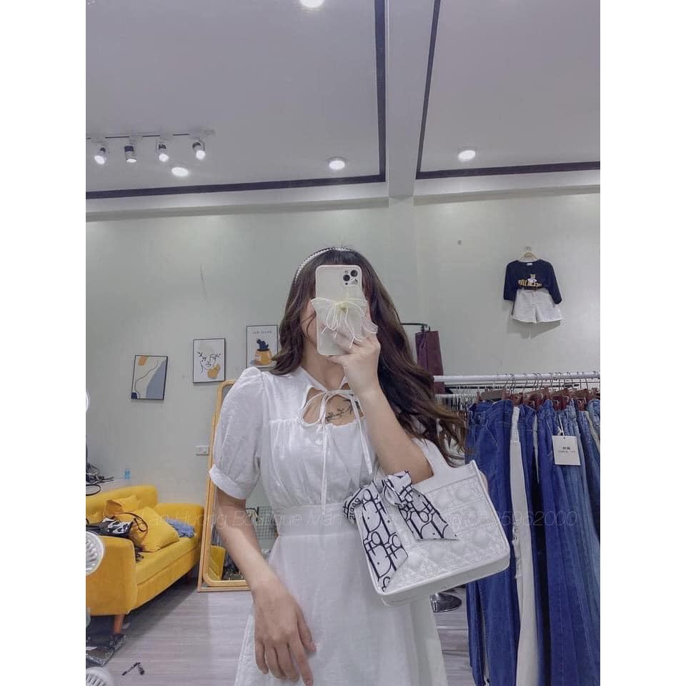 Váy trắng Hepburn buộc dây nơ cổ xinh xắn cá tính 2 màu trắng/đen (kèm video/ảnh thật) | BigBuy360 - bigbuy360.vn