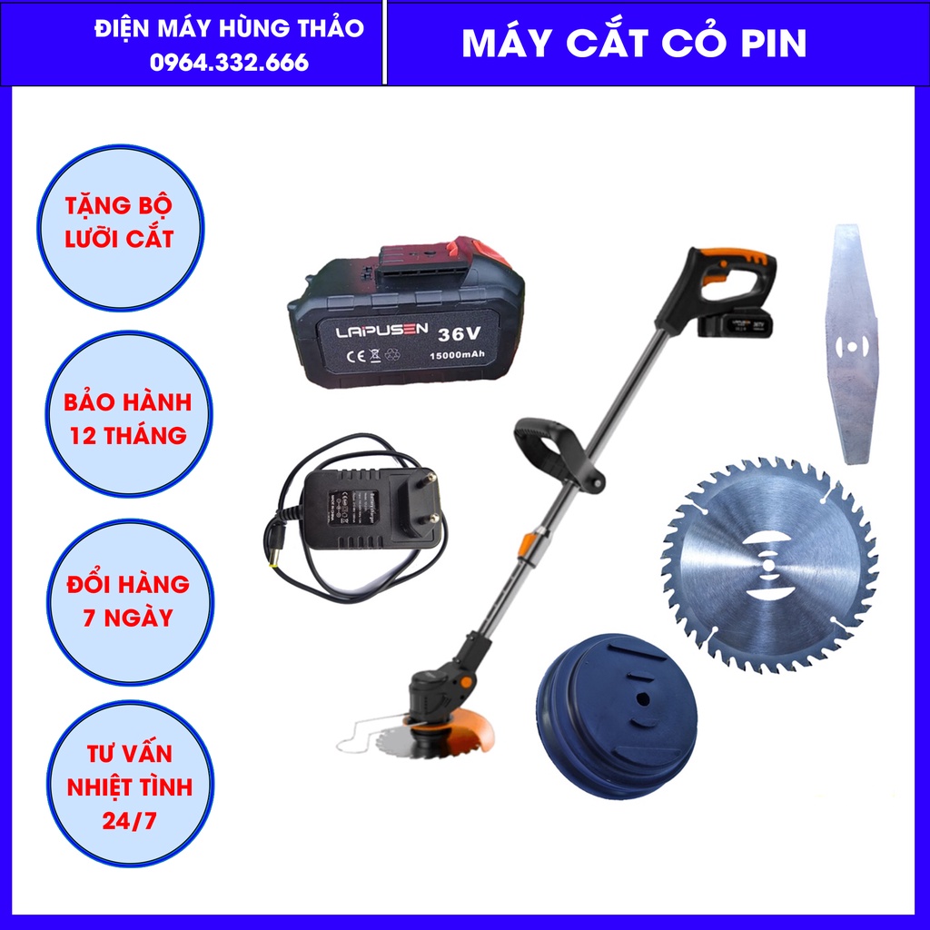 Máy cắt cỏ LAPUSEN, máy cắt cỏ cầm tay 2 pin 10cell, động cơ mạnh 1800w. Bảo hành 12 tháng