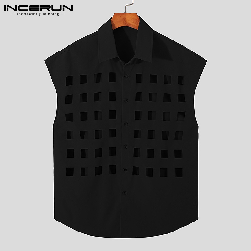 Áo sơ mi INCERUN không tay dáng rộng cổ bẻ thiết kế rỗng thời trang cá tính cho nam