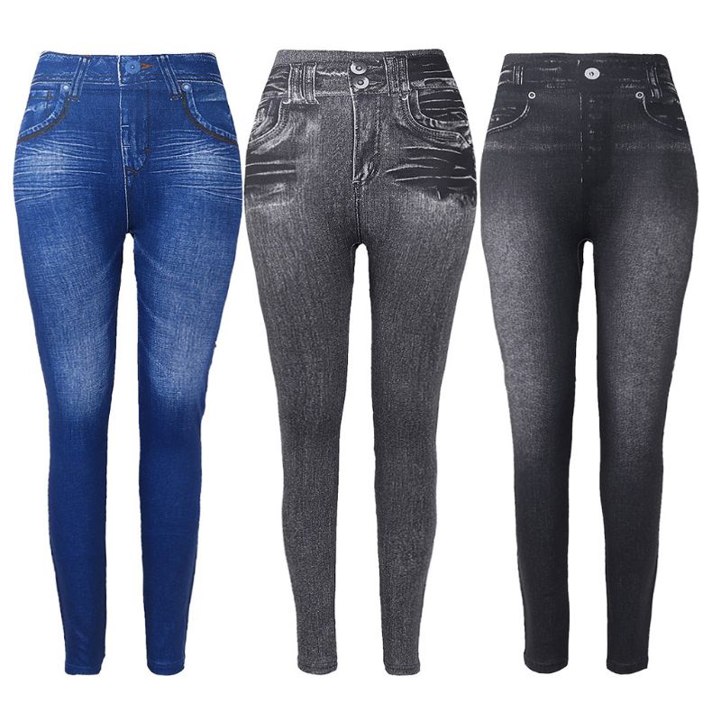 Xiangbao Quần Legging Dài Giả Jean Không Đường May In Họa Tiết Giả Jean Dài Dành Cho Nữ