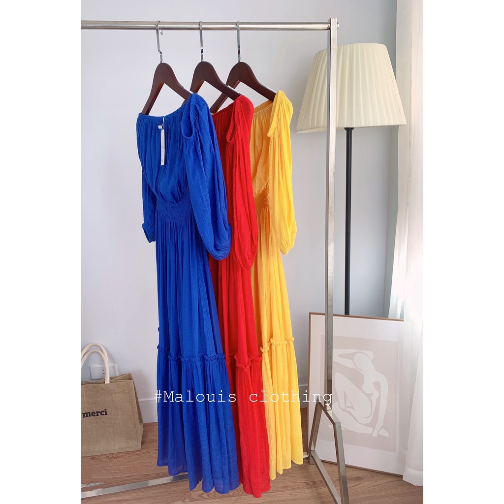 Đầm maxi cổ vuông màu xanh tay bồng chun eo dáng dài - V10