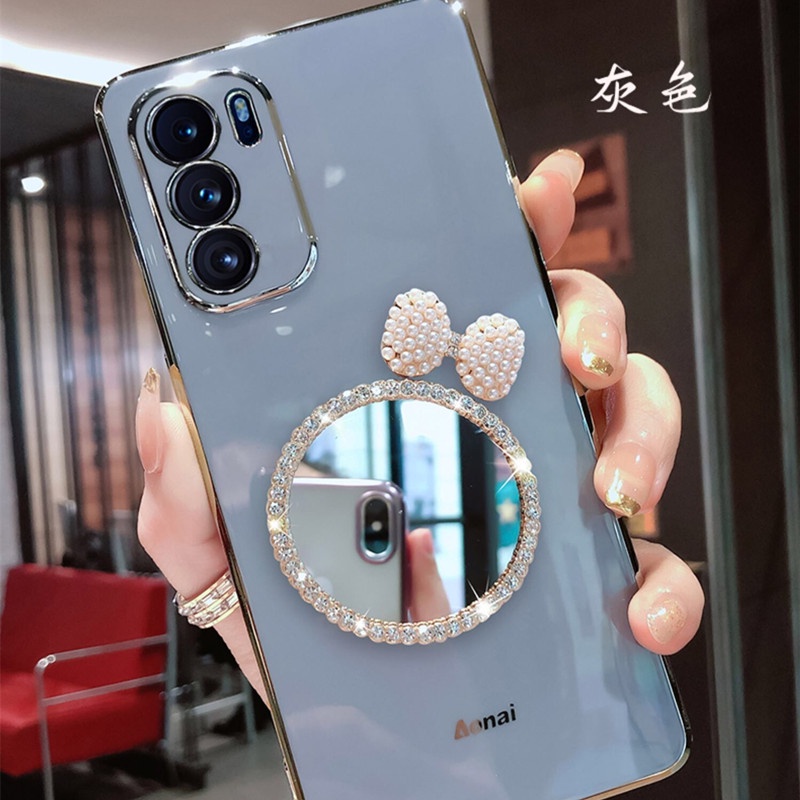 Ốp Điện Thoại Mềm Tráng Gương Trang Điểm Đính Nơ Và Ngọc Trai Cho OPPO Reno6 Reno6 Z 5G Reno6 Pro 5G