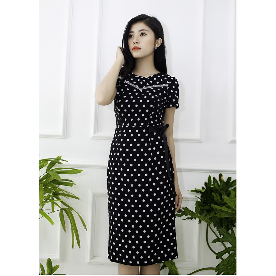 [ HÌNH THẬT] ĐẦM CÔNG SỞ, KIỂU ĐẦM ÔM IN CHẤM BI ĐÍNH NƠ EO PHỐI RUY BĂNG KIM TUYẾN SC3046 - TẶNG PK NGẪU NHIÊN