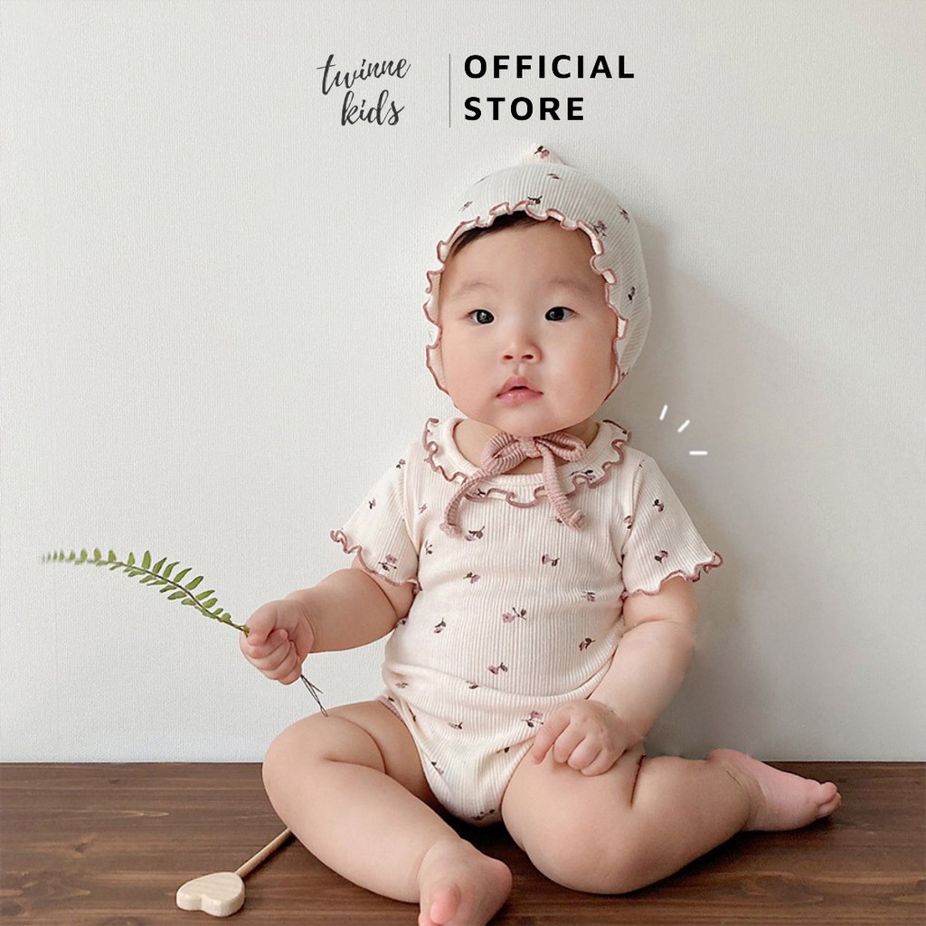 Set đồ liền thân họa tiết hoa nhí kèm mũ, body sơ sinh chất liệu cotton co giãn mát, bodysuit bé gái 3-24 tháng