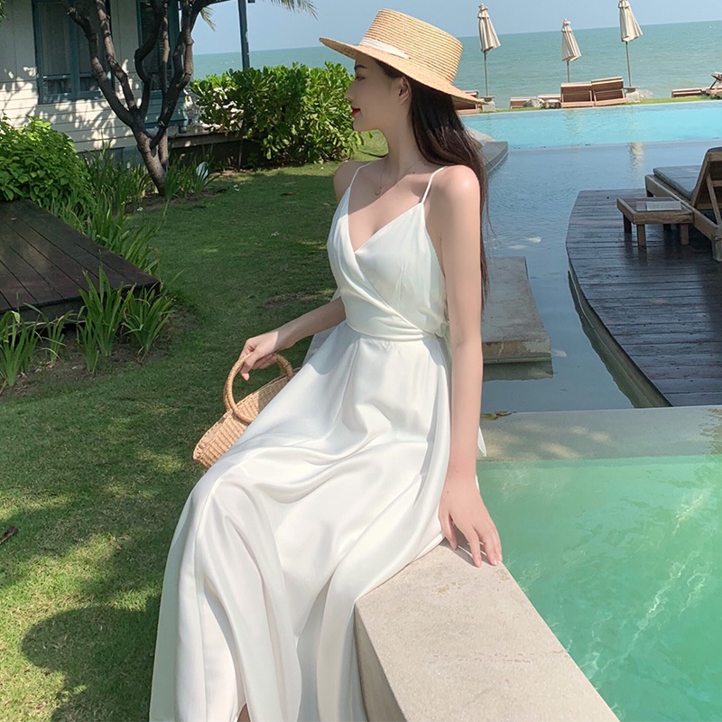 Đầm hai dây dáng dài thắt nơ phong cách quyến rũ dành cho nữ, Đầm trắng đi biển dáng ôm màu trắng - VD05