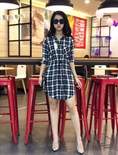 Váy sơ mi kẻ chất thô đũi Nữ