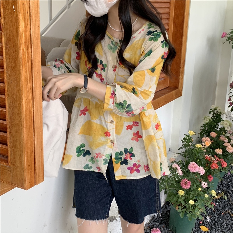 SUXI Áo Kiểu Tay Dài Cổ Tròn Hoạ Tiết Hoa Phong Cách Hàn Quốc