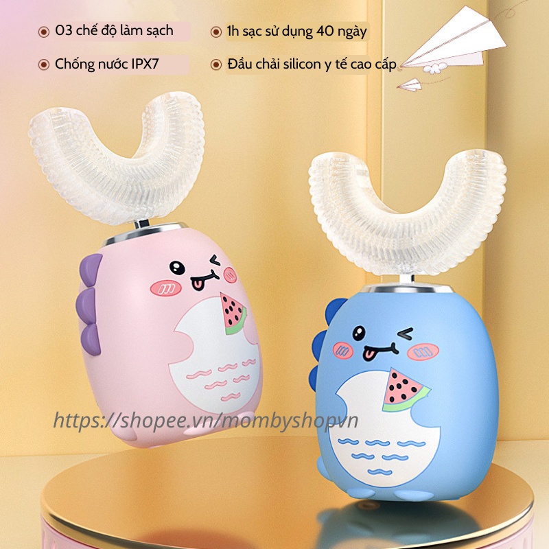Bàn chải điện cho bé DINO, bàn chải đánh răng điện chữ U silicon cao cấp siêu mềm, phù hợp cho trẻ từ 2 tuổi
