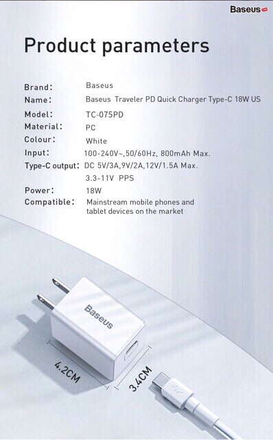 Bộ sạc nhanh iphone 7/8/x/xsmax/11/11pro/11promax chuẩn PD 18W hãng baseus bảo hành 12 tháng