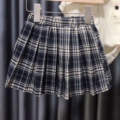 Bộ Áo Sơ Mi Ngắn Tay Cổ Bẻ Phối Chân Váy Kẻ Sọc Ca Rô Thời Trang Mùa Hè Cho Bé Gái