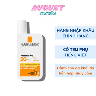 [CHÍNH HÃNG] Kem chống nắng La Roche Posay cho da nhạy cảm Anthelios Shaka Fluid SPF 50+ 50ml mẫu mới Invisible Fluid
