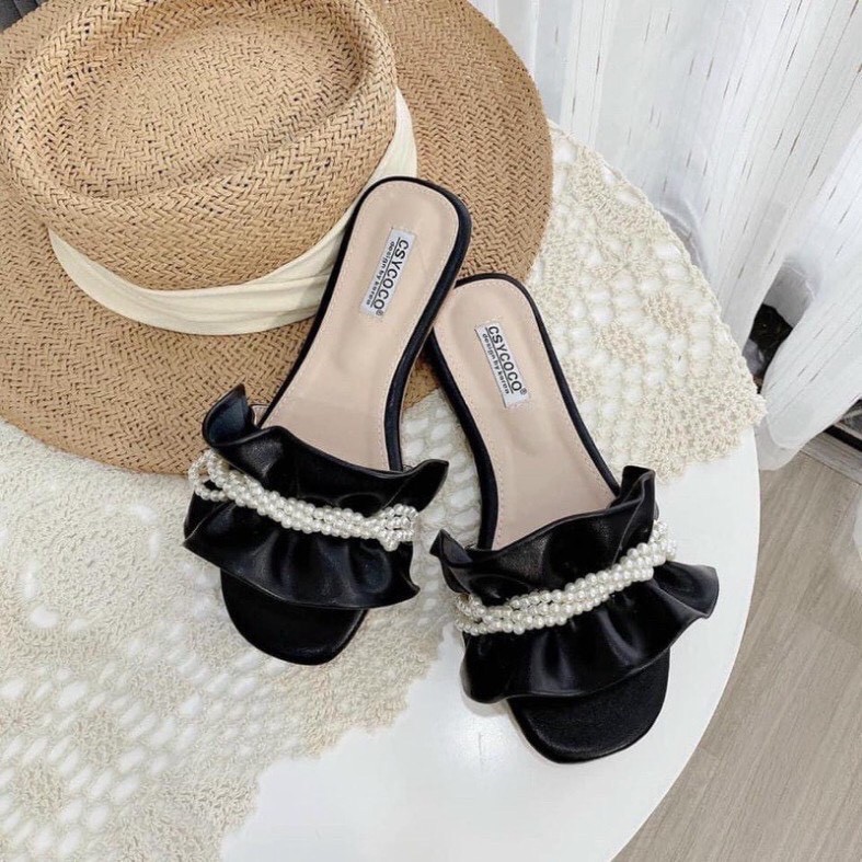 Dép nữ thời trang quai ngang nhún bèo đính cườm đủ size - Nahuno